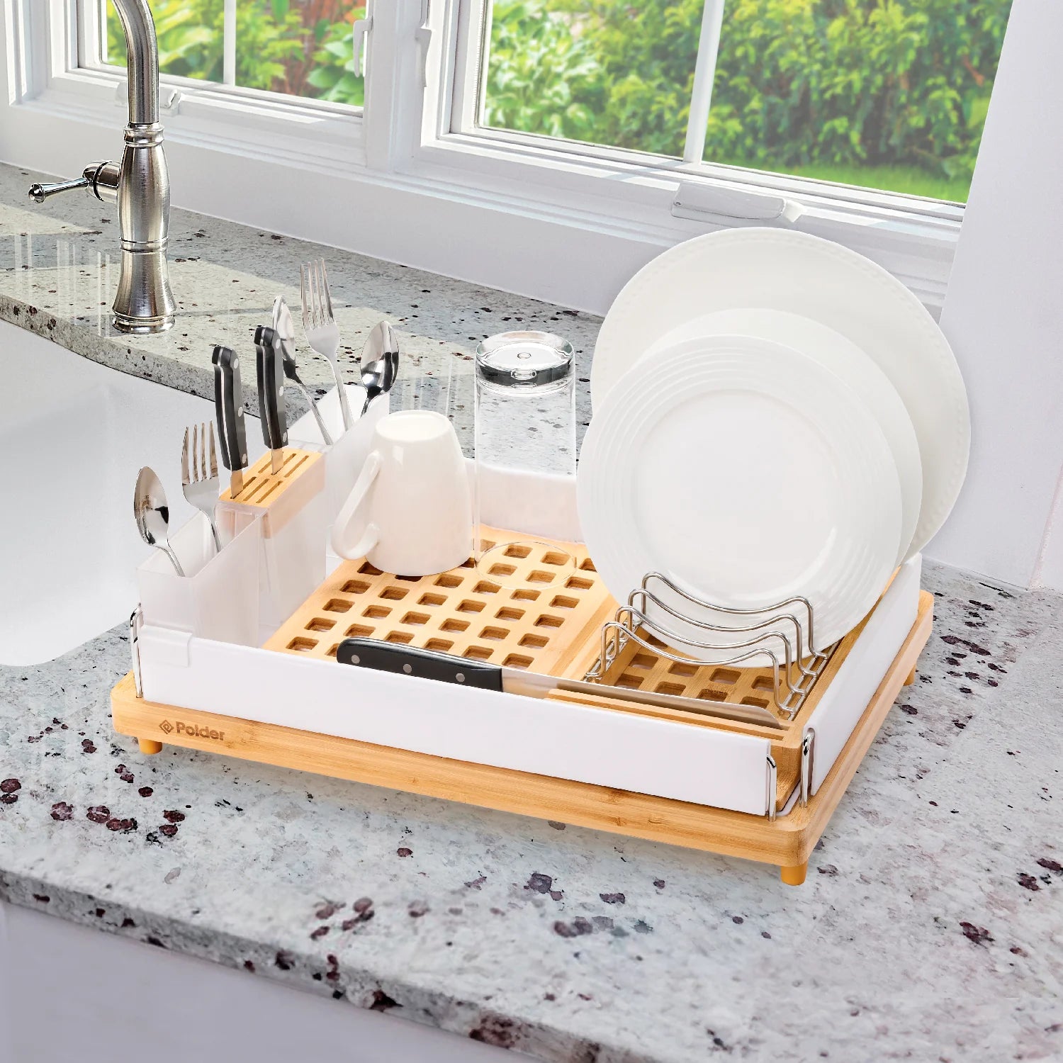 Large Capacity Bamboo Dish Rack White