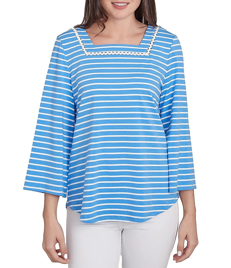Knit Stripe Trim Square Neck 3/4 Bell Sleeve Top in Chattanooga Bluebird Multi - Ruby Rd