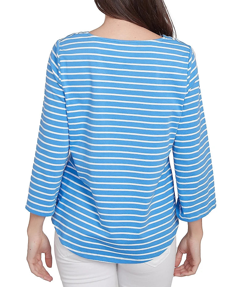Knit Stripe Trim Square Neck 3/4 Bell Sleeve Top in Chattanooga Bluebird Multi - Ruby Rd