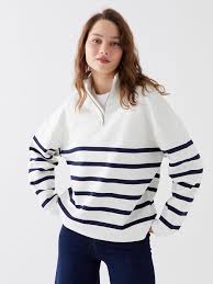 Sweater Ladies Funnel Neck White-Navy