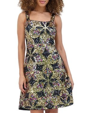 Sequin Mesh Squareneck Dress Black Multi- Kensie
