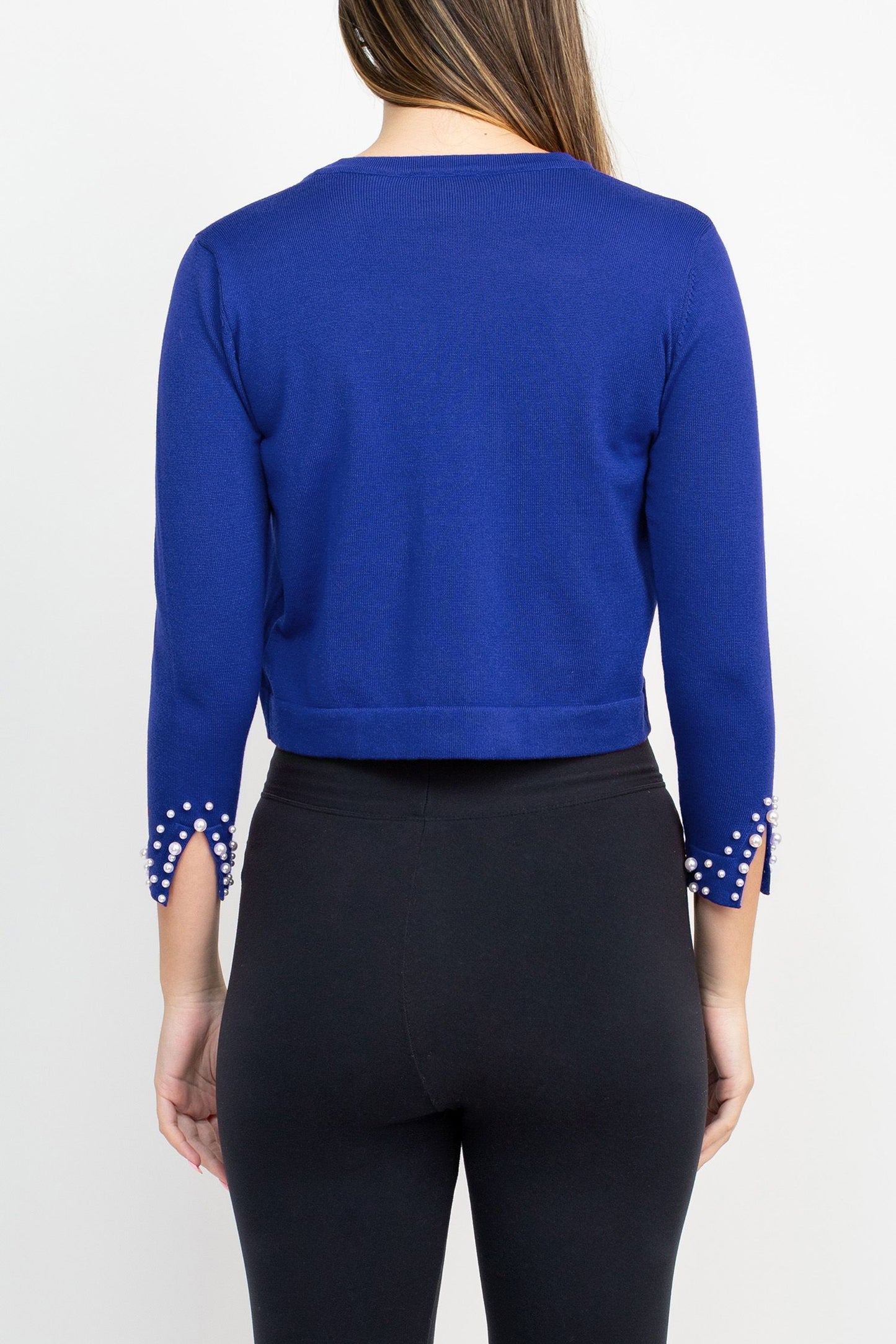 3Q Sweater Black Bolero Slit Pearl Sleeve Sapphire - Nina Leonard