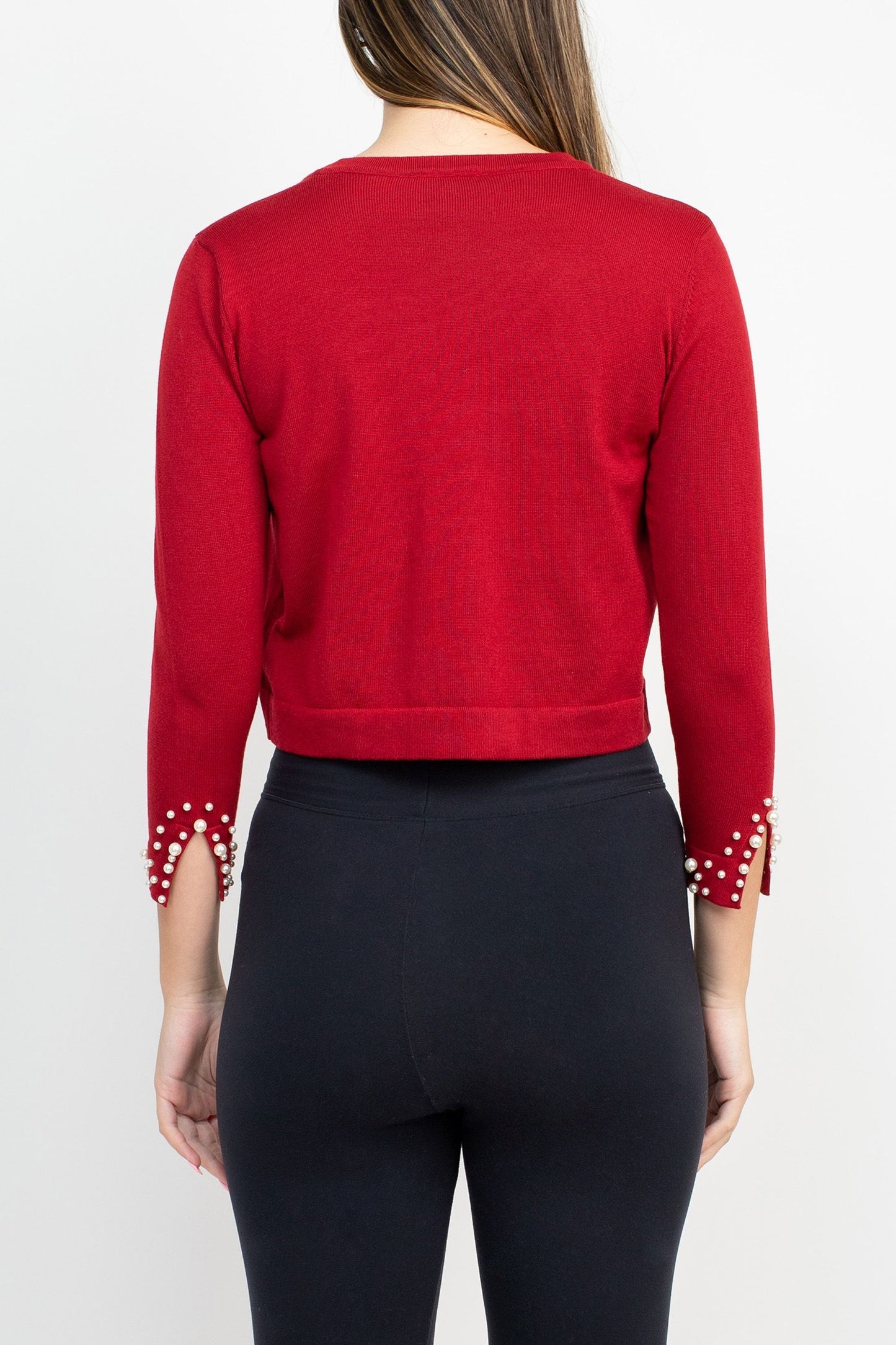 3Q Sweater Black Bolero Slit Pearl Sleeve Scarlet - Nina Leonard
