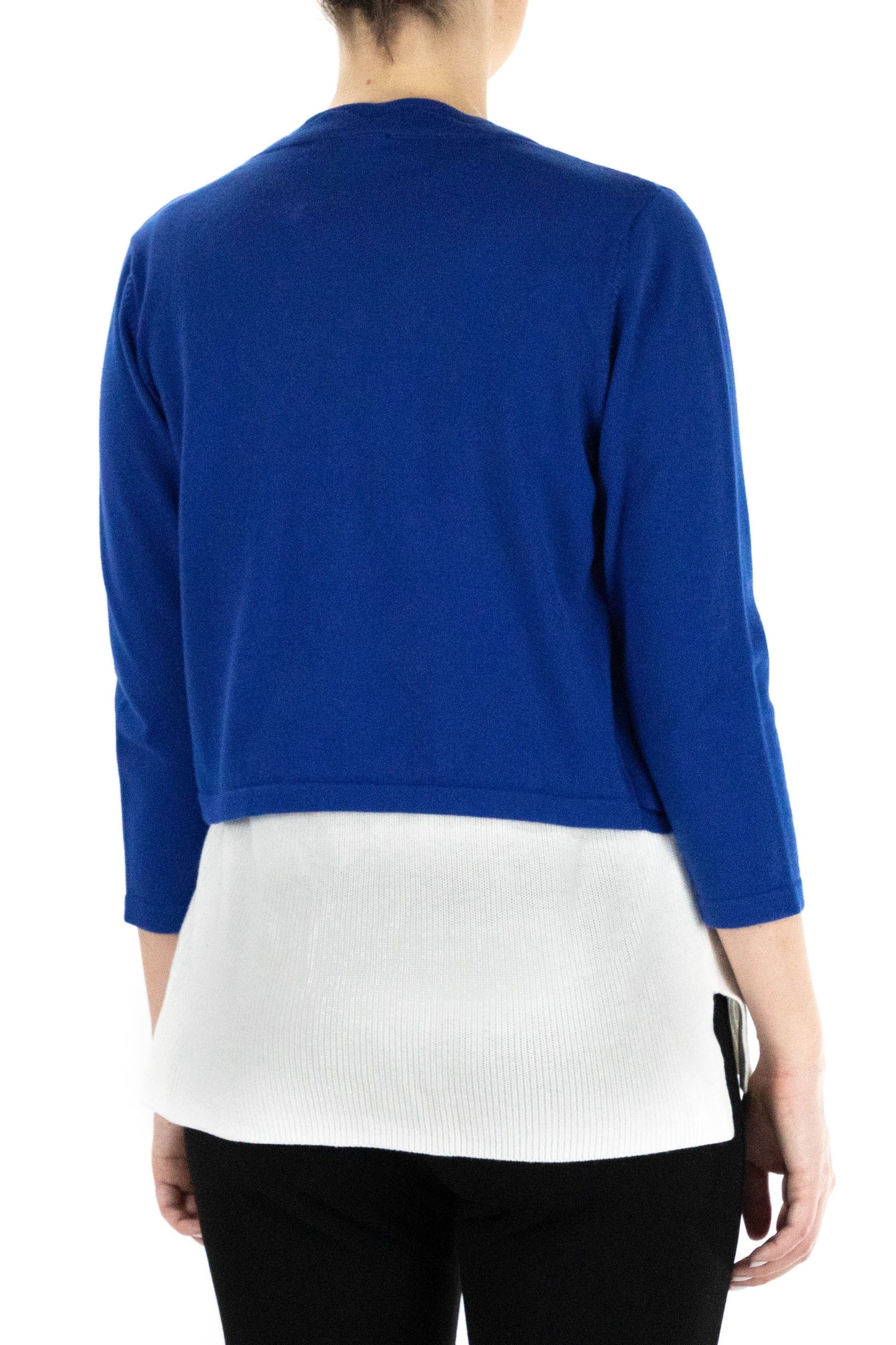 Scalloped Open Front 3/4 Sleeve Solid Rayon Knit Jacket Cobalt- Nina Leonard