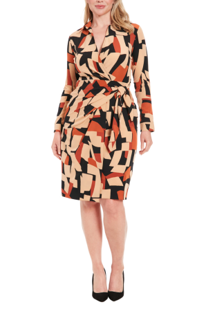 Faux Wrap Side Tie LS Midi Dress Black / Caramel