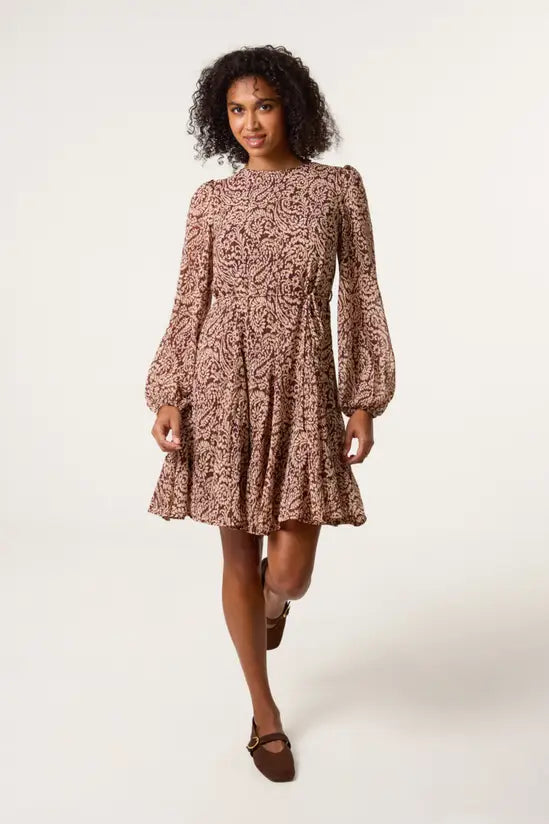Brown Godet Dress With Self Tie