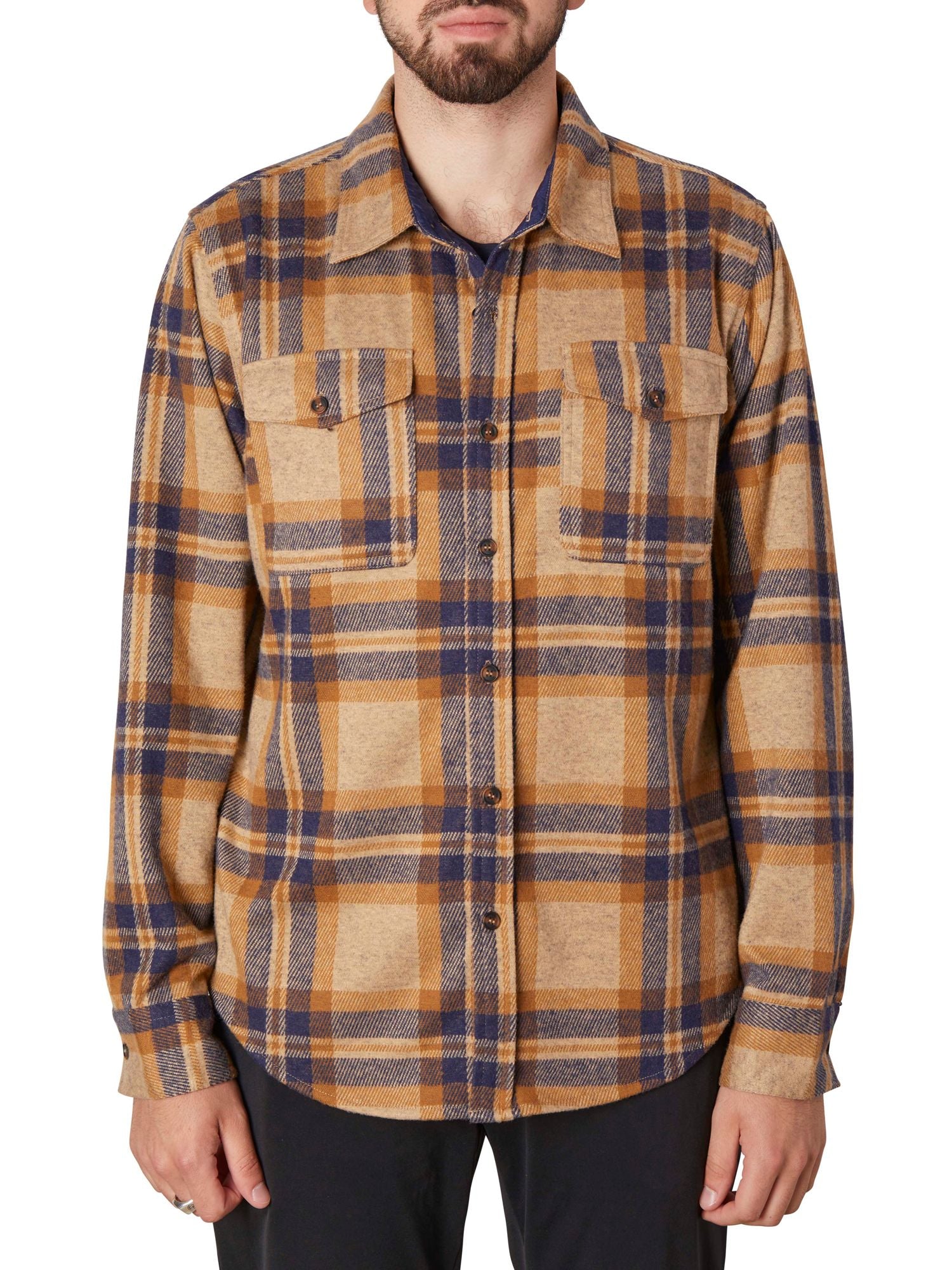 Sweater Knit Shirt Jacket Tan / Navy Plaid