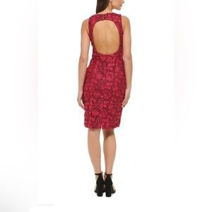 Heavy Lace Open Back Sheath Wine Dress - Guess