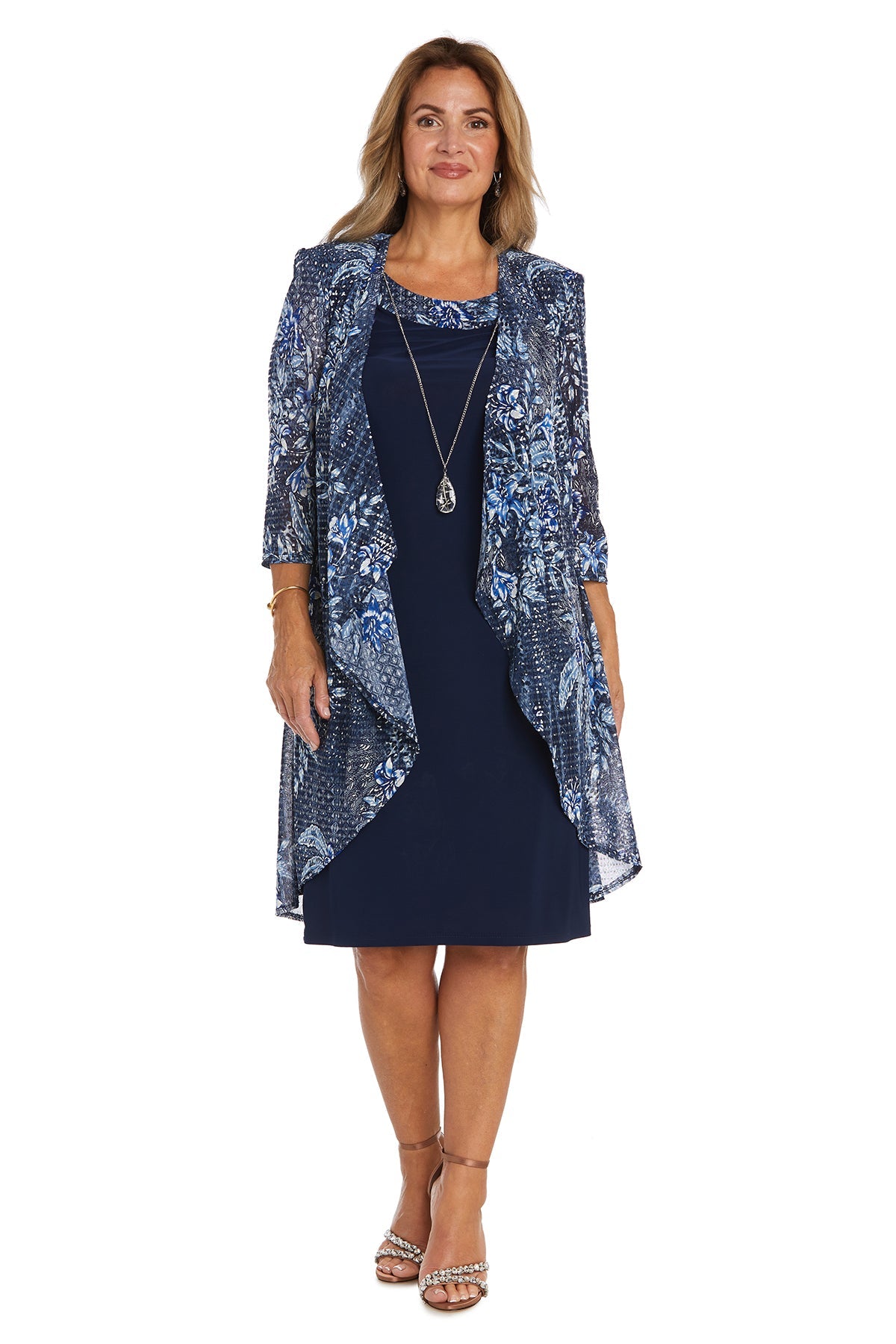 Two-Piece Printed Jacket Dress Navy/ Denim - RM Richards