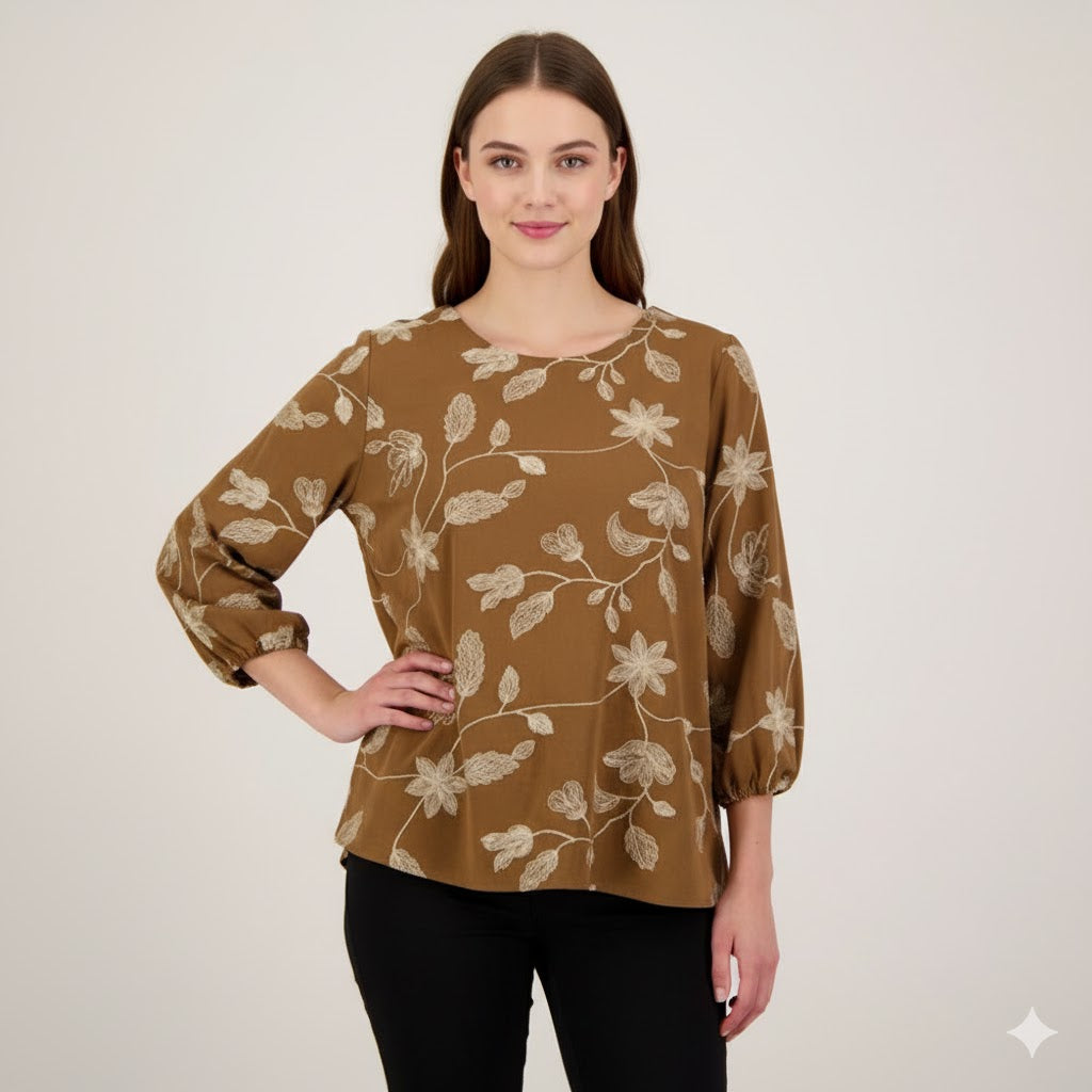 Metallic Embroidered Floral Top Chestnt - Ruby Rd