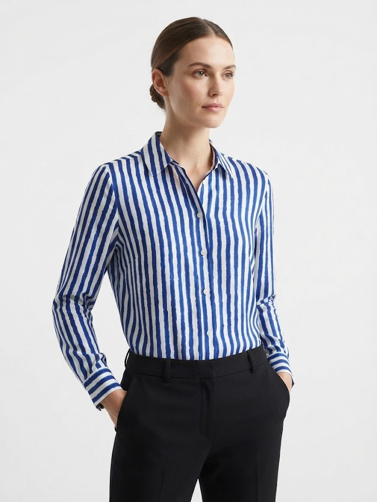Long Sleeve Button Down Shirt Ivory/Indigo