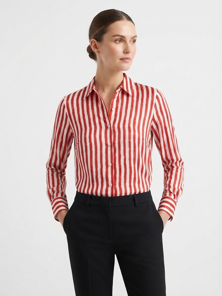 Long Sleeve Button Down Shirt Ivory/Burgundy