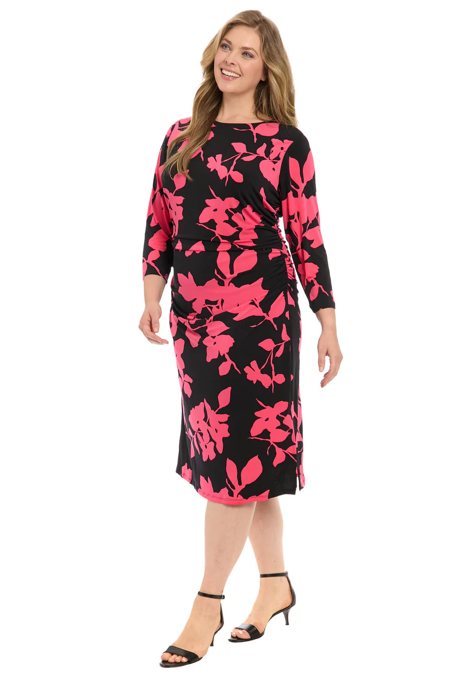 Elegant Ruched Midi Dress Black- Berry (Plus Size) - London Times
