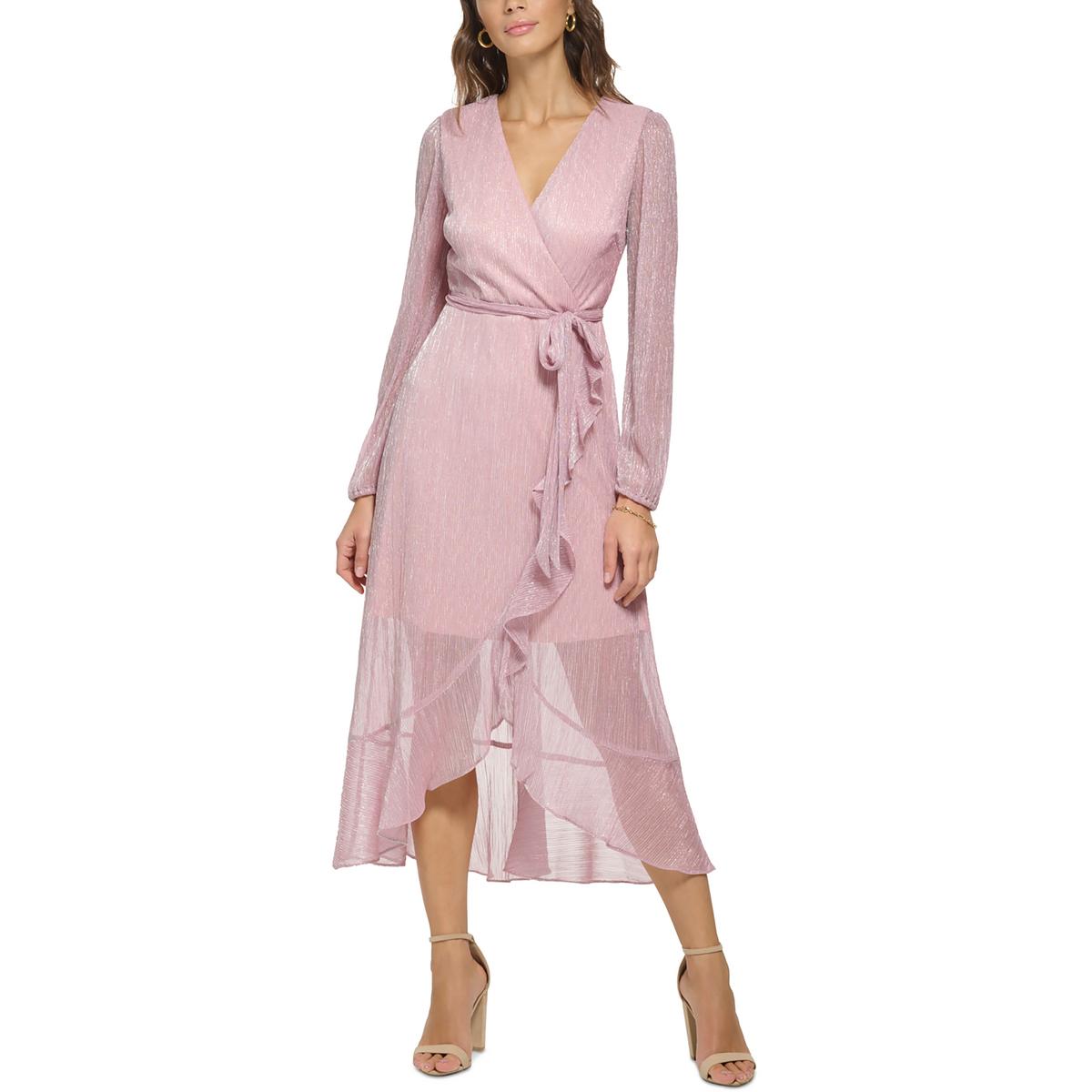 Metallic Faux Wrap Long Sleeve Dress Pink- Kensie