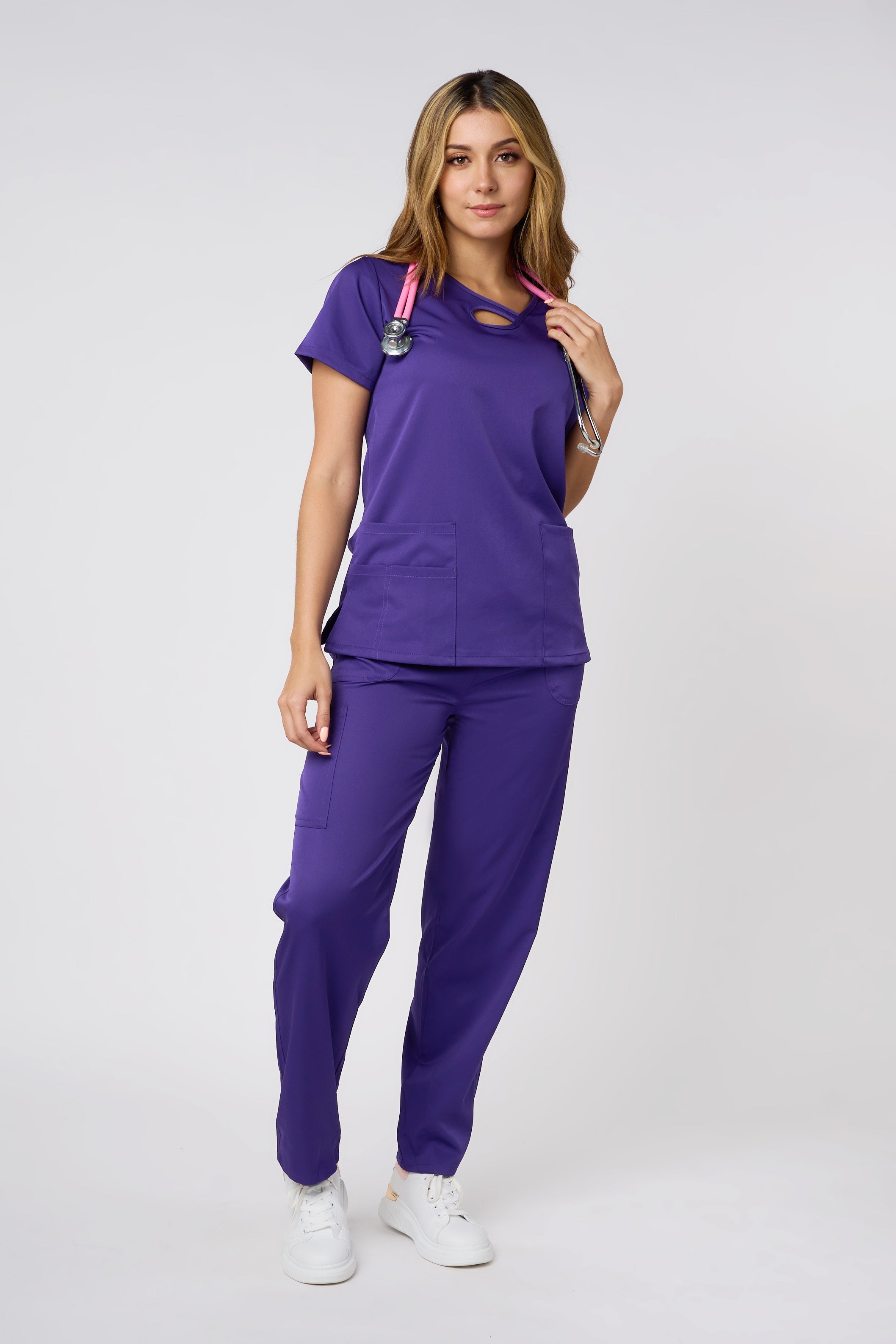 SOLID 4 WAY STRETCH KEYHOLE NECK SCRUB SET PURPLE
