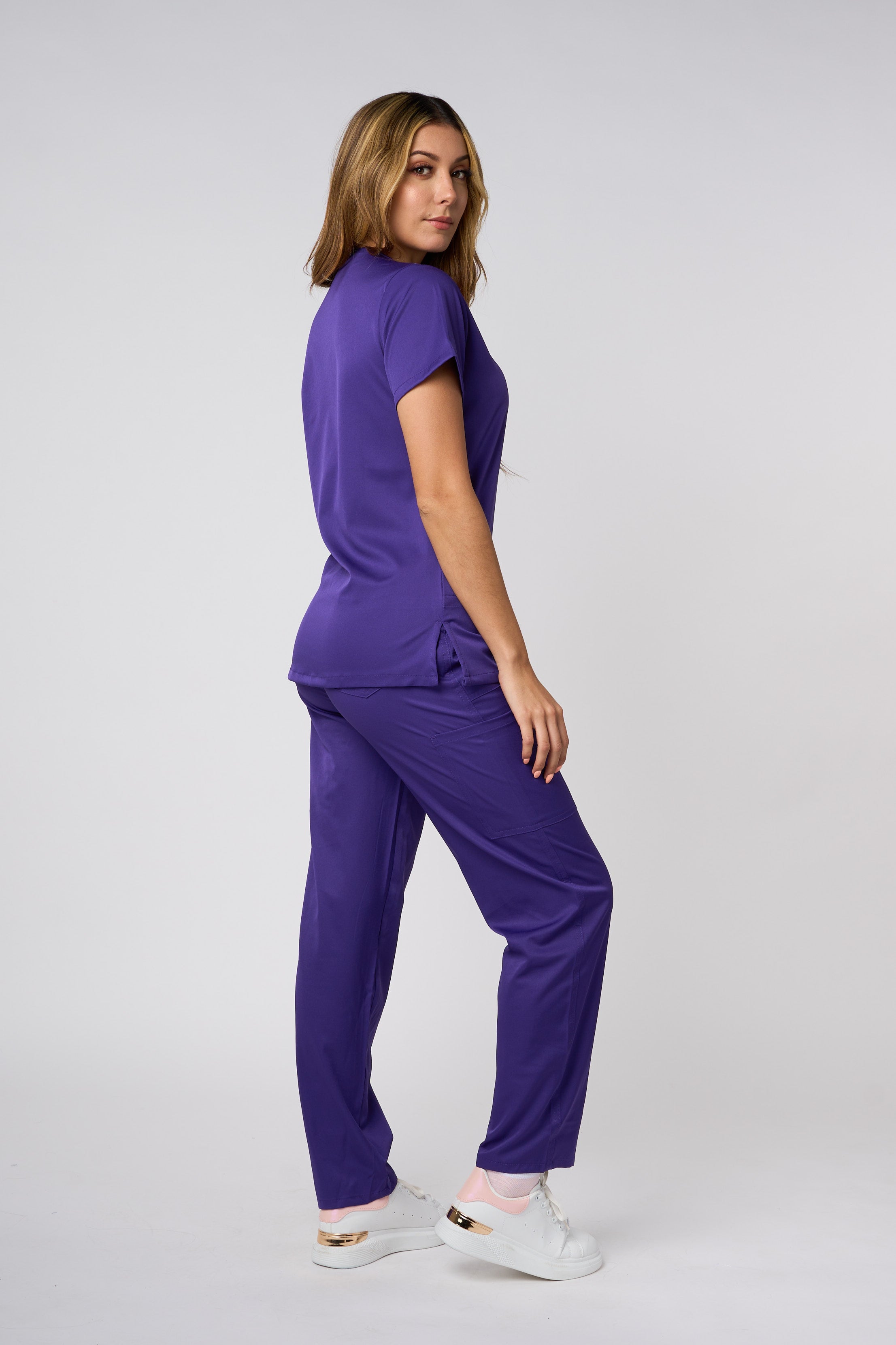 SOLID 4 WAY STRETCH KEYHOLE NECK SCRUB SET PURPLE