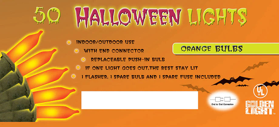 UL 50ct Halloween String Lights Orange/Black Wire Tray pack