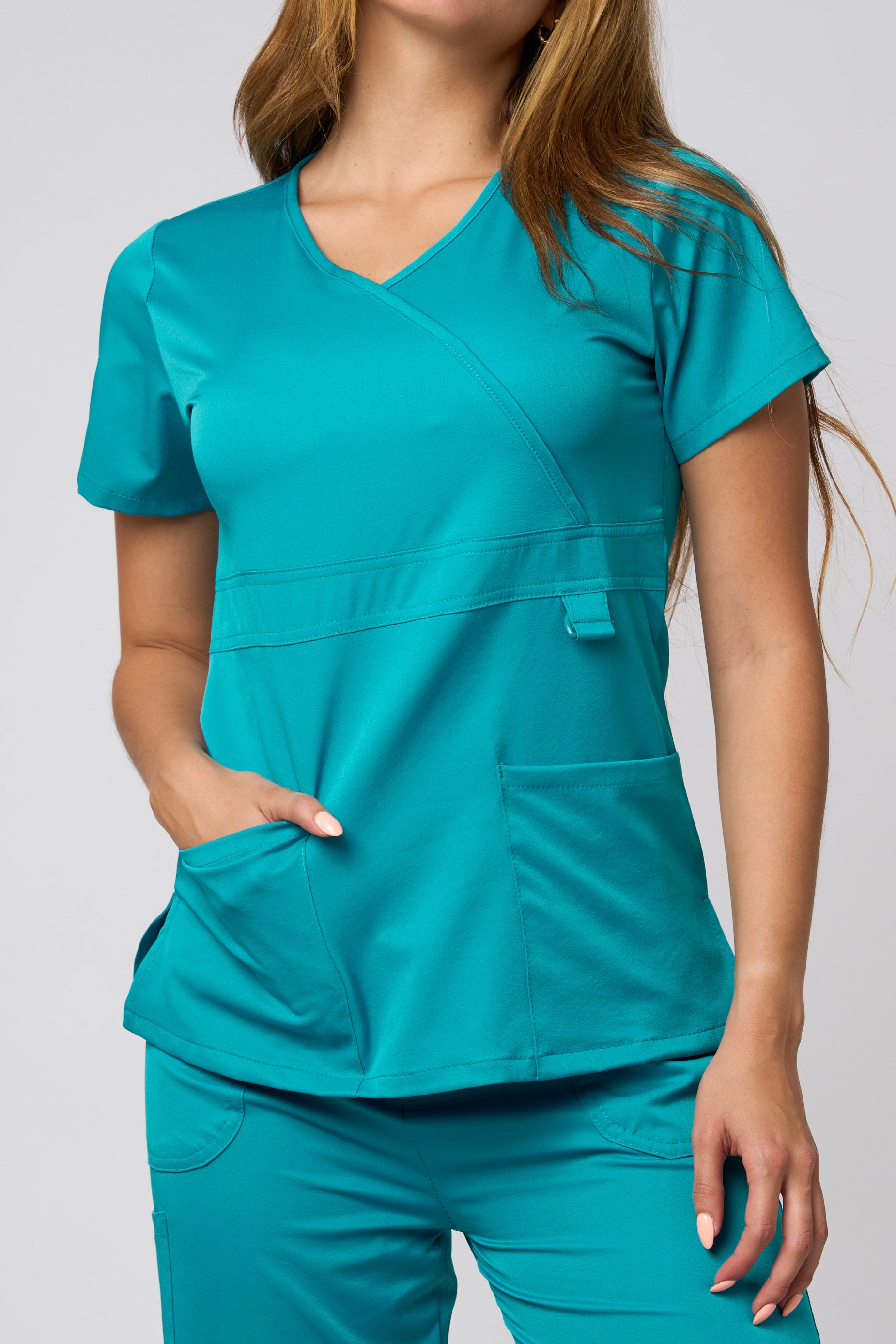 SOLID 4 WAY STRETCH MOCK NECK W/D RING TEAL