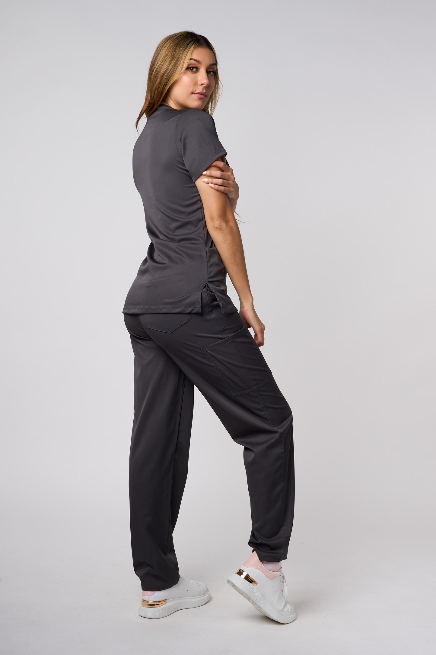 SOLID 4 WAY STRETCH MOCK NECK W/D RING PEWTER