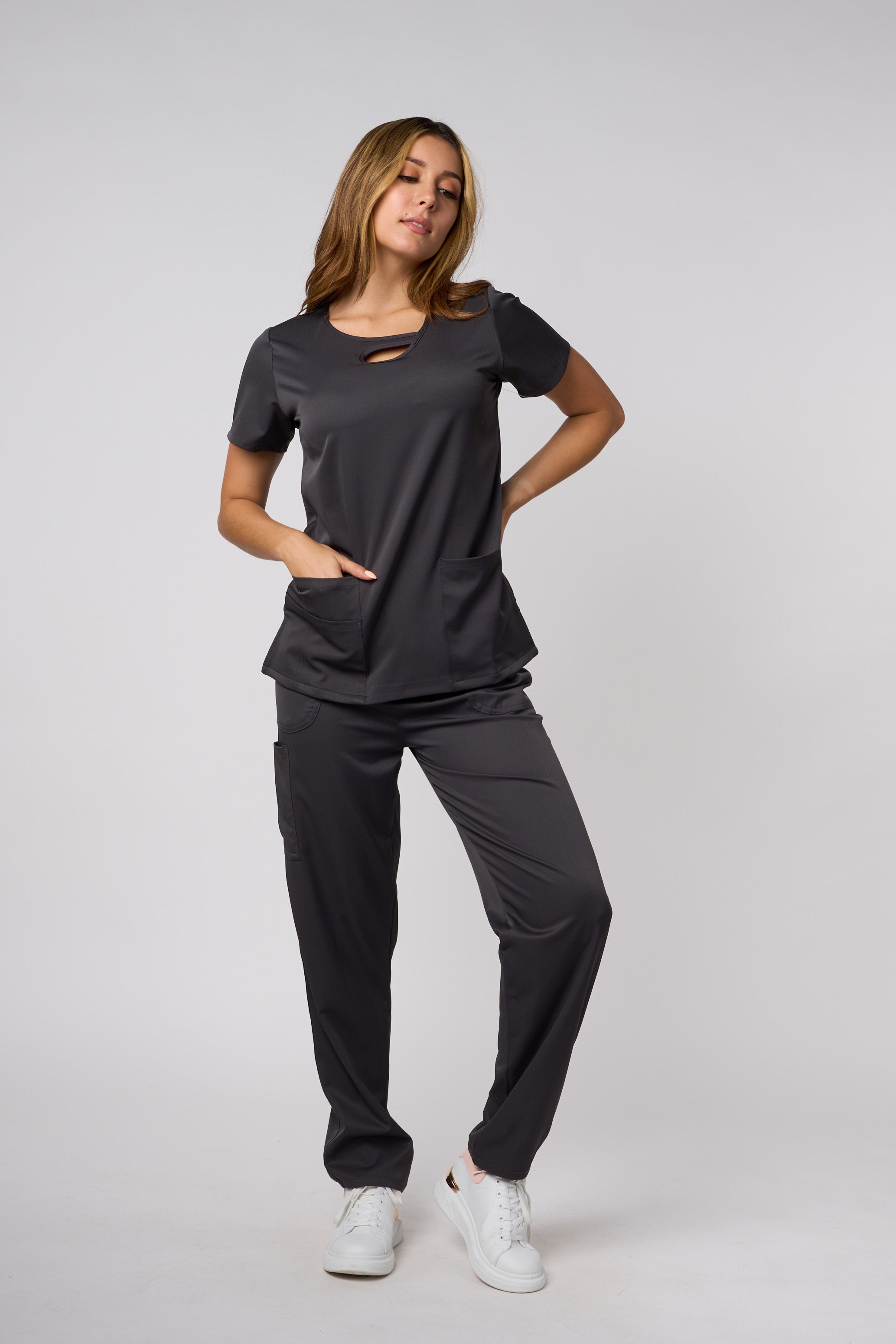 SOLID 4 WAY STRETCH KEYHOLE NECK SCRUB SET PEWTER