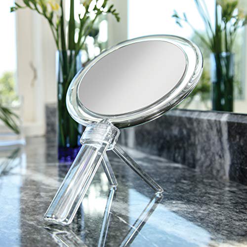 DUAL SIDED 1X/7X HAND MIRROR W/STAND IN ACRYLIC