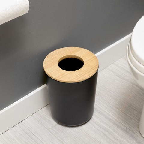 VANITY STEEL WASTE CAN MATTE BLACK WITH WOOD LID