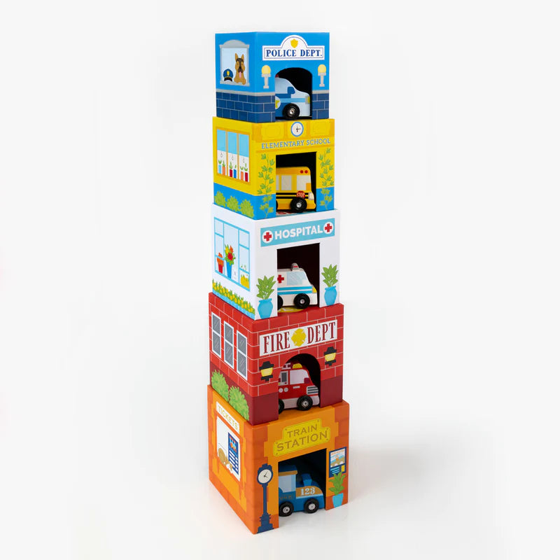 stackables nested cardboard toys and cars set - busy city