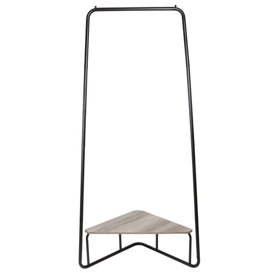 Corner Garment Rack, Matte Black with Wood Grain Laminate Top