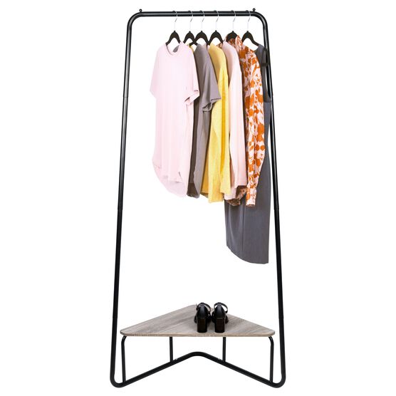 Corner Garment Rack, Matte Black with Wood Grain Laminate Top