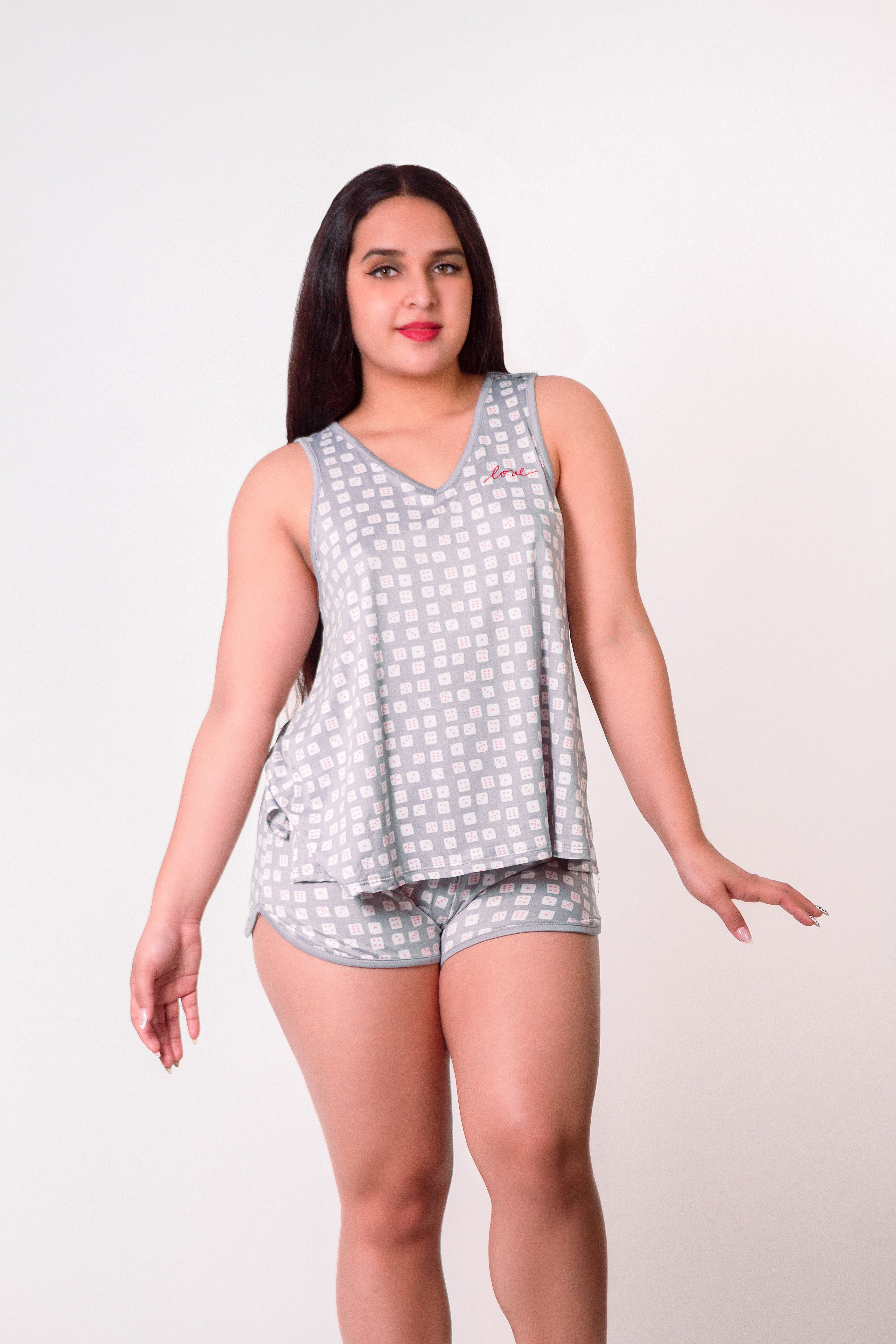 V NECK PJ TANK SHORT SET HEATHER GREY