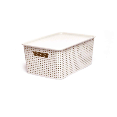 Woven plastic bin with lid