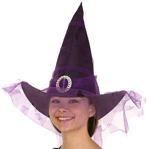 BLACK POLY WITCH HAT PURPLE VEIL