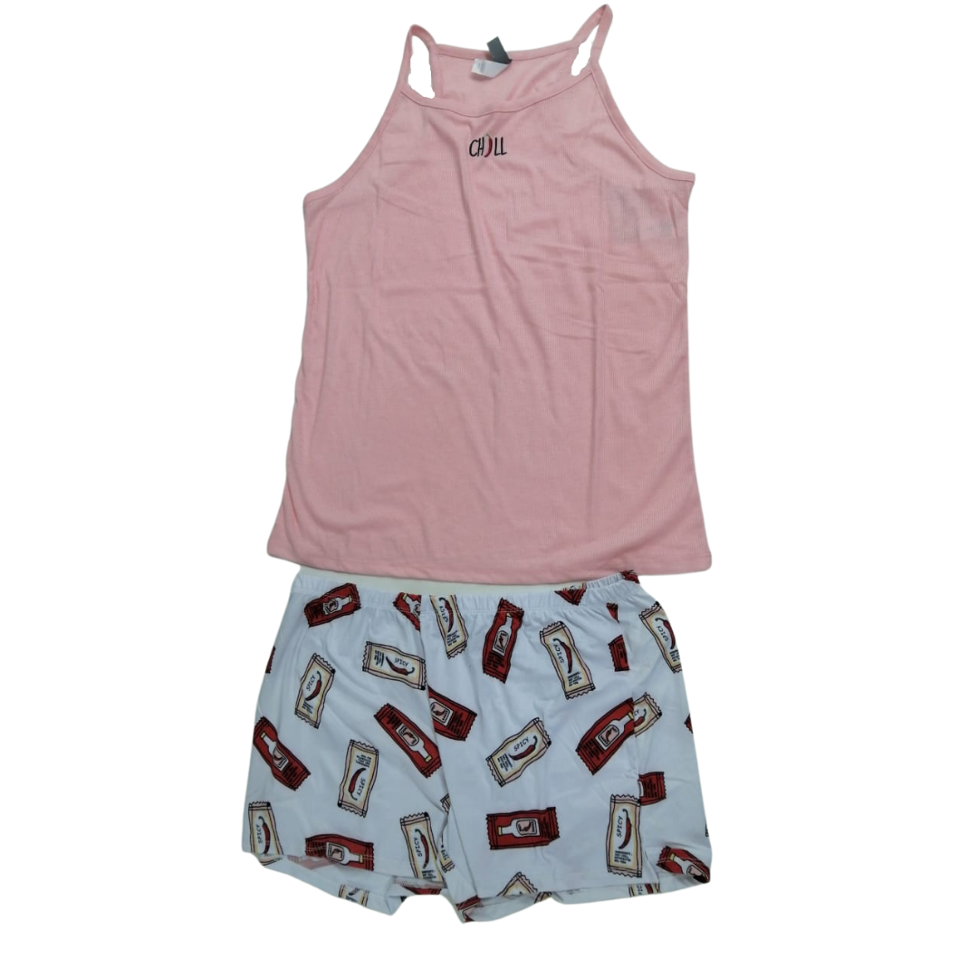 Pijama chill rosa con short blanco