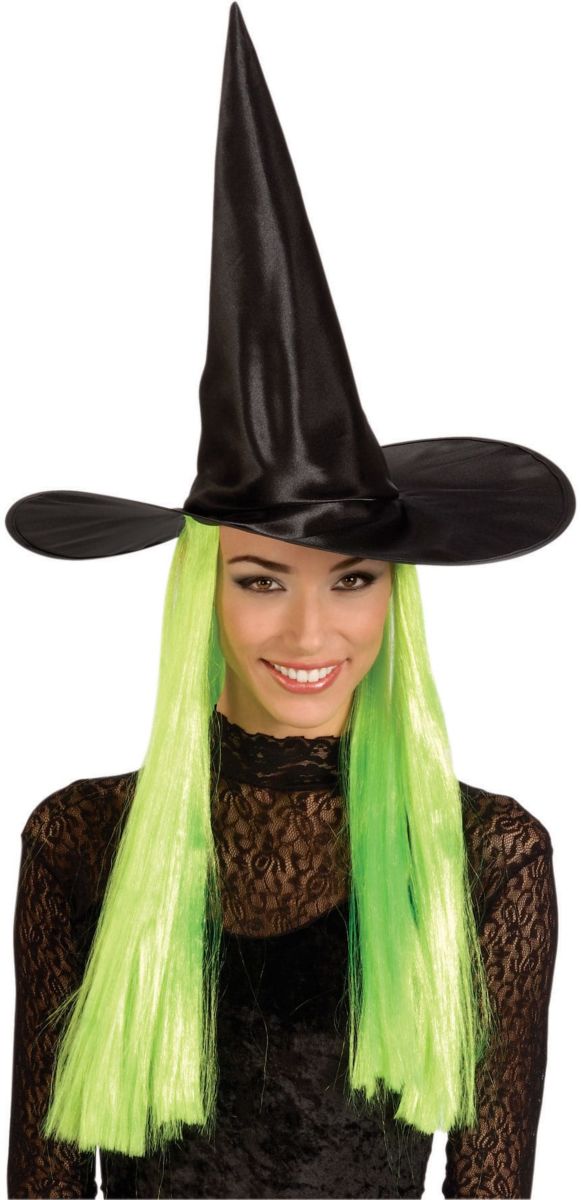 Satin Witch Hat With Hair en 4 colores