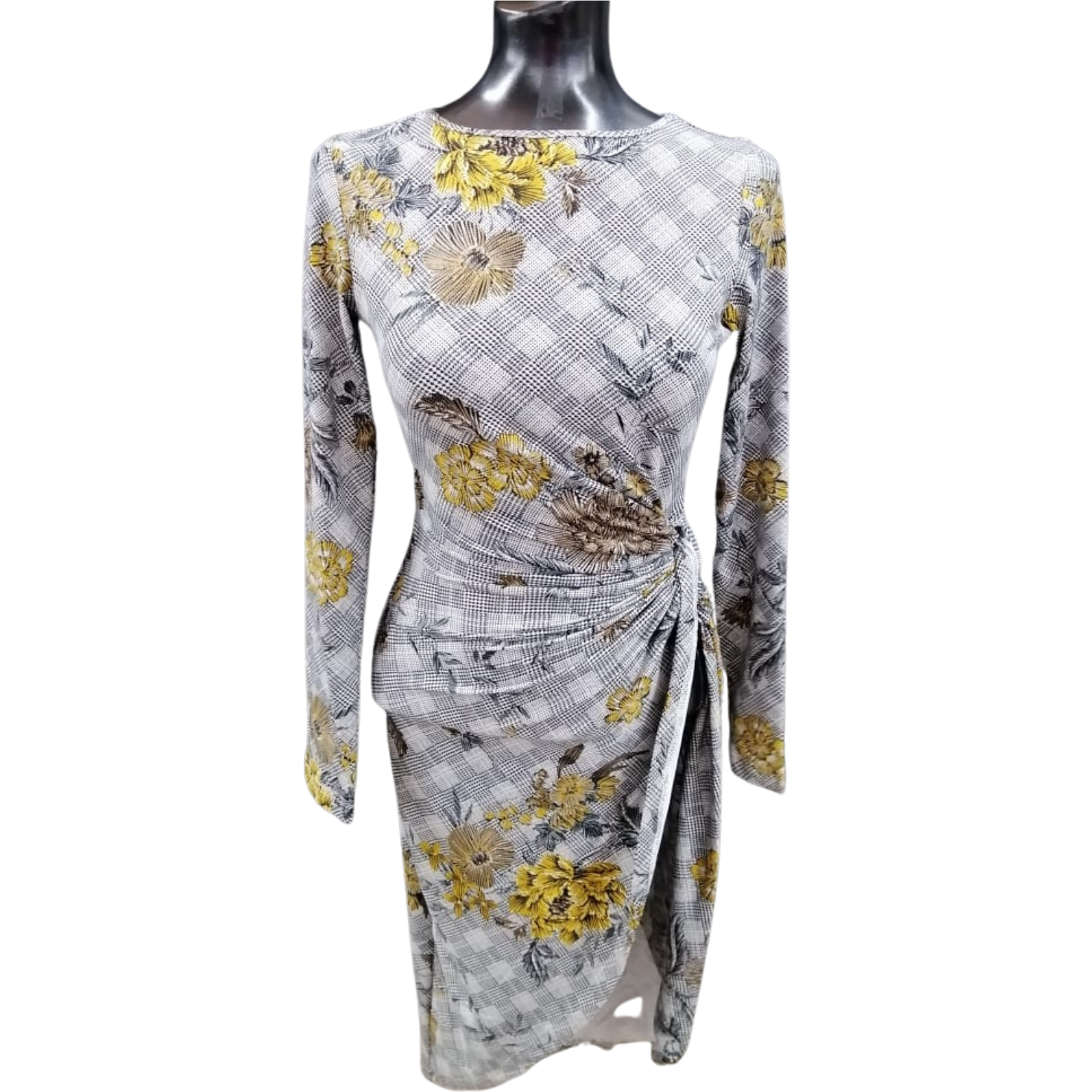 Houndstooth Printed Knit Dress Yellow