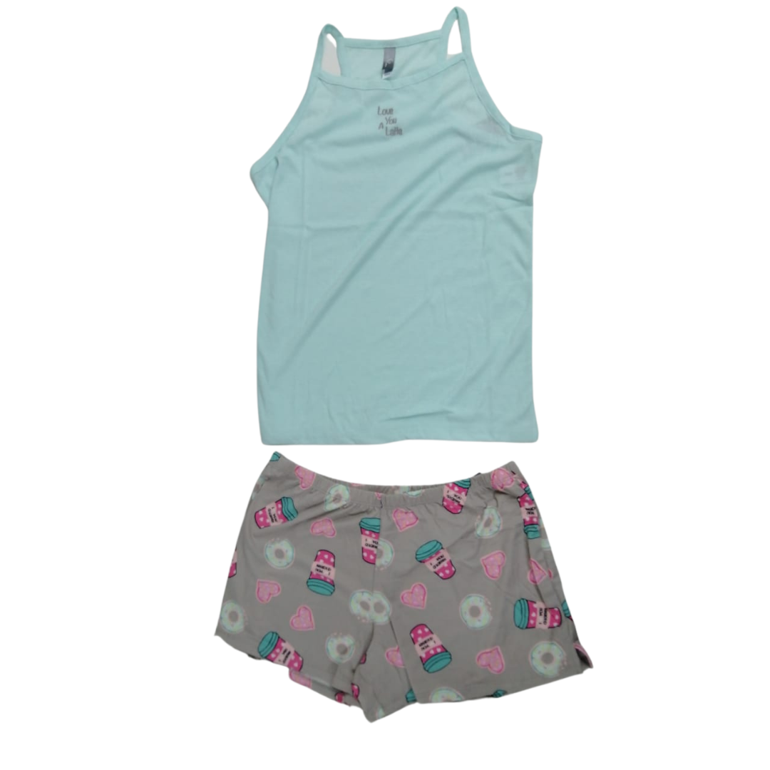Pijama Love you a latte aqua con short gris