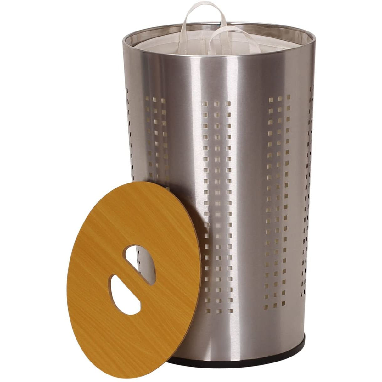 Round Metal Laundry Hamper Removable Liner Bag and Wood Lid Stainless Steel