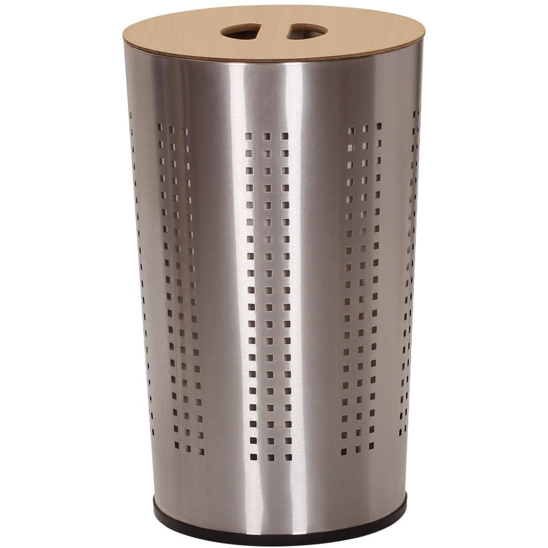 Round Metal Laundry Hamper Removable Liner Bag and Wood Lid Stainless Steel