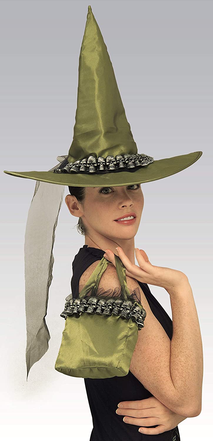 Green Skull Witch Hat with Bag