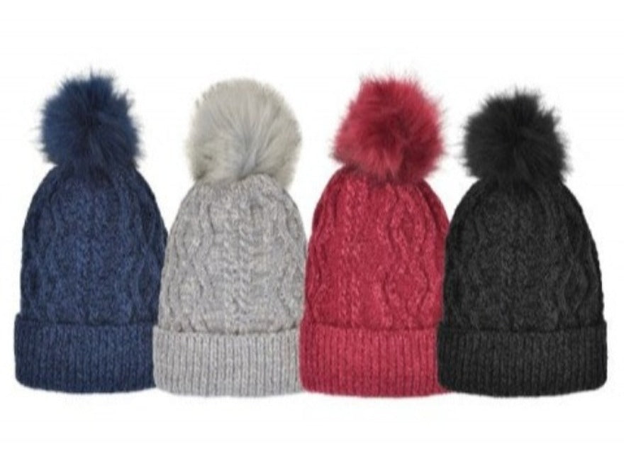Satin Chenille Hat with Faux Fur Pom in 4 colors
