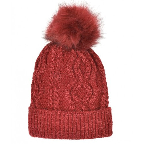 Satin Chenille Hat with Faux Fur Pom in 4 colors