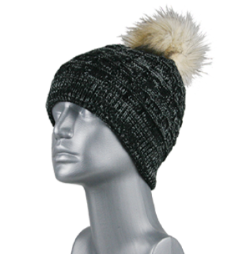 MARLED BEANIE WITH FUR POM - BLACK