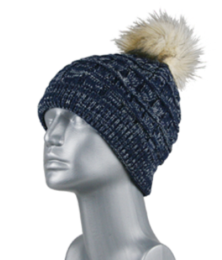 MARLED BEANIE WITH FUR POM - NAVY
