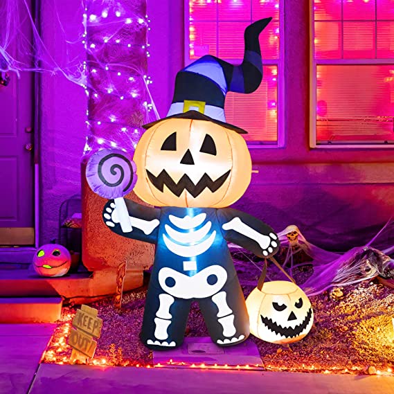 6 FT Tall Inflatable Pumpkin with Skull Body