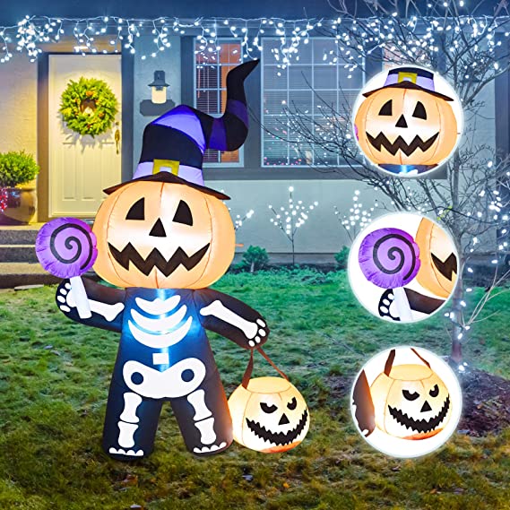 6 FT Tall Inflatable Pumpkin with Skull Body