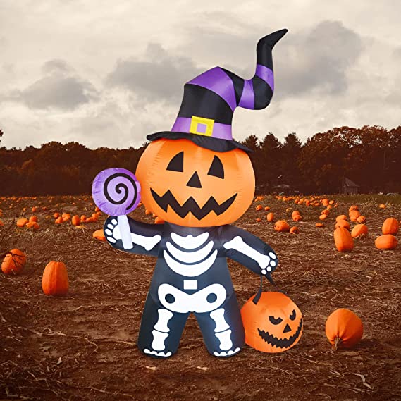 6 FT Tall Inflatable Pumpkin with Skull Body