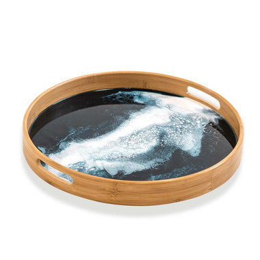 Bamboo Round Serving Trays - Navy/White/Metallic