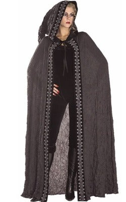 Black Crinkle with Printed Trim Adult Full Length Hooded Cape