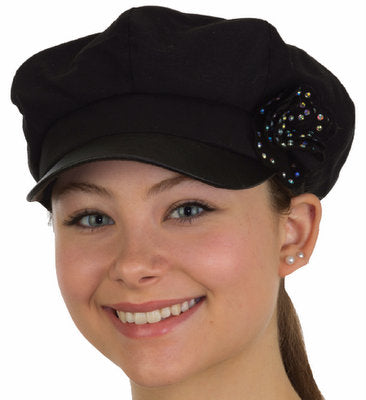 Cabbie Faux Leather Brim & Sequin Flower on Side