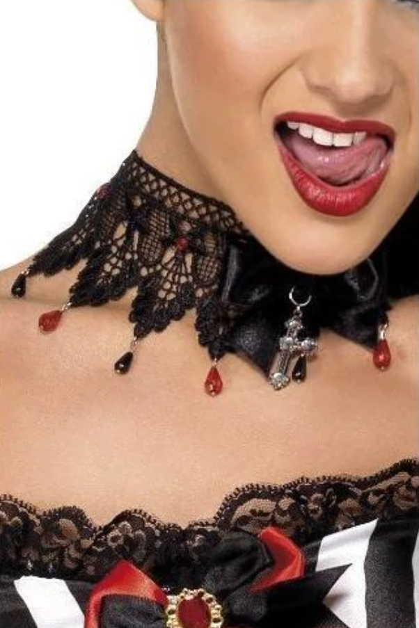 GOTHIC RIBBON AND LACE BEADED NECKLACE, BLACK